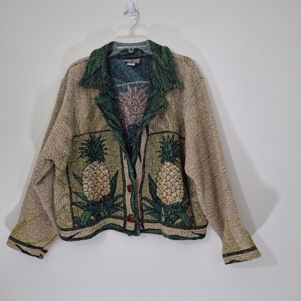 Scene Weaver Fine Apparel Tropical Pineapple Blazer - Green and Tan, Size L/XL